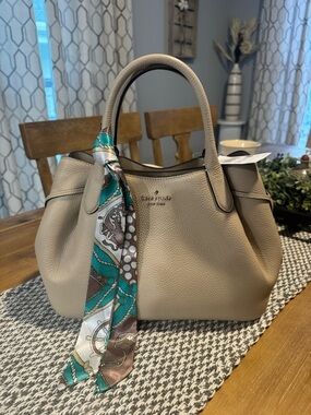 kate spade Taupe Pebbled Leather Satchel with Teal-Accented Scarf